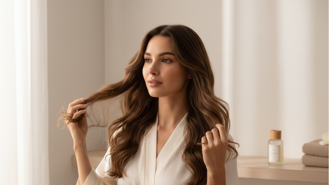  please create vertical image Ratio 3:1 of women doing her hair